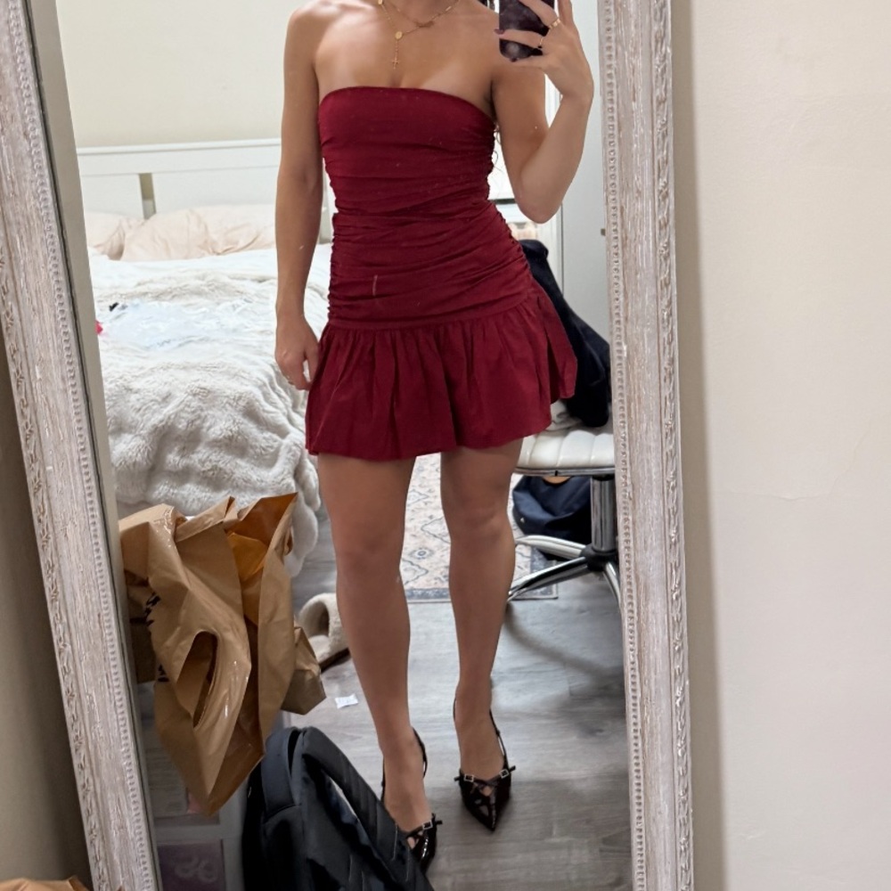 Peppermayo Strapless Ruched Mini Dress in Deep Red - Picture 4 of 5